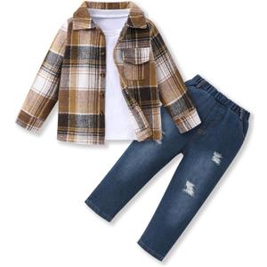 3Pcs Toddler Boy Clothes Botton Down Shirt and T-Shirt with Pants Toddler Boys Winter Clothes (Brownish Black)