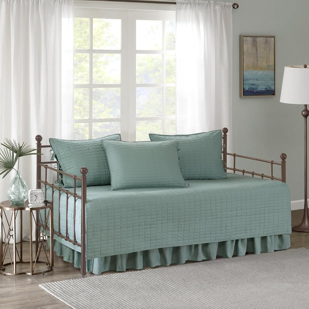 Comfort Spaces Daybed Cover - Luxe Double Sided-Quilting, All Season Cozy Bedding with Bedskirt, Matching Shams, Kienna Seafoam 75"x39" 5 Piece (Sage Green)