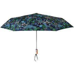 RIFLE PAPER CO. Umbrella, Matching Storage Sleeve, Portable, Auto Open and Close, Wooden Handle, Printed in Full Color