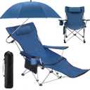 2-in-1 Reclining Camping Chair with 360 Umbrella Folding Lounge Beach Chair with Footrest and Universal Clamp UPF 50+ Adjustable Umbrella Portable Lightweight Seating for Adults Outdoor
