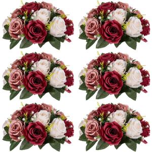 Nuptio Artificial Flower Centrepieces for Tables - 6 Pcs Burgundy & Dusty Rose & Creamy White Fake Flowers Roses Balls 9.5in Diam - Silk Faux Rose Arrangement for Wedding Party Centerpiece Table Decor