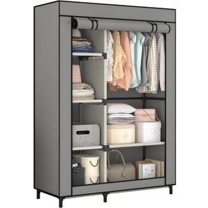 Calmootey Portable Closet Organizers, Clothing Storage, Wardrobe with 6 Shelves and Hanging Rod, Non-Woven Fabric Cover with 4 Side Pockets, Grey, 60 inches x 24 inches x 18 inches