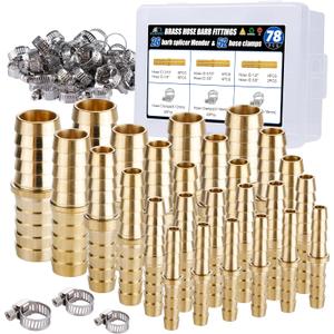 26PCS Brass Hose Barb Fitting,Barb Splicer Mender Hose Fittings 3/16" 1/4" 5/16" 3/8" 1/2" 5/8" with 52Pcs Stainless Steel Pipe Hose Clamps for Air/Fuel/Water/Oil Hose