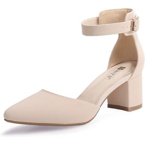 IDIFU Women's IN2 Pedazo Dress Shoes Low Block Heels Comfortable Chunky Closed Toe Ankle Strap Wedding Pumps (9.5, Nude Nubuck)