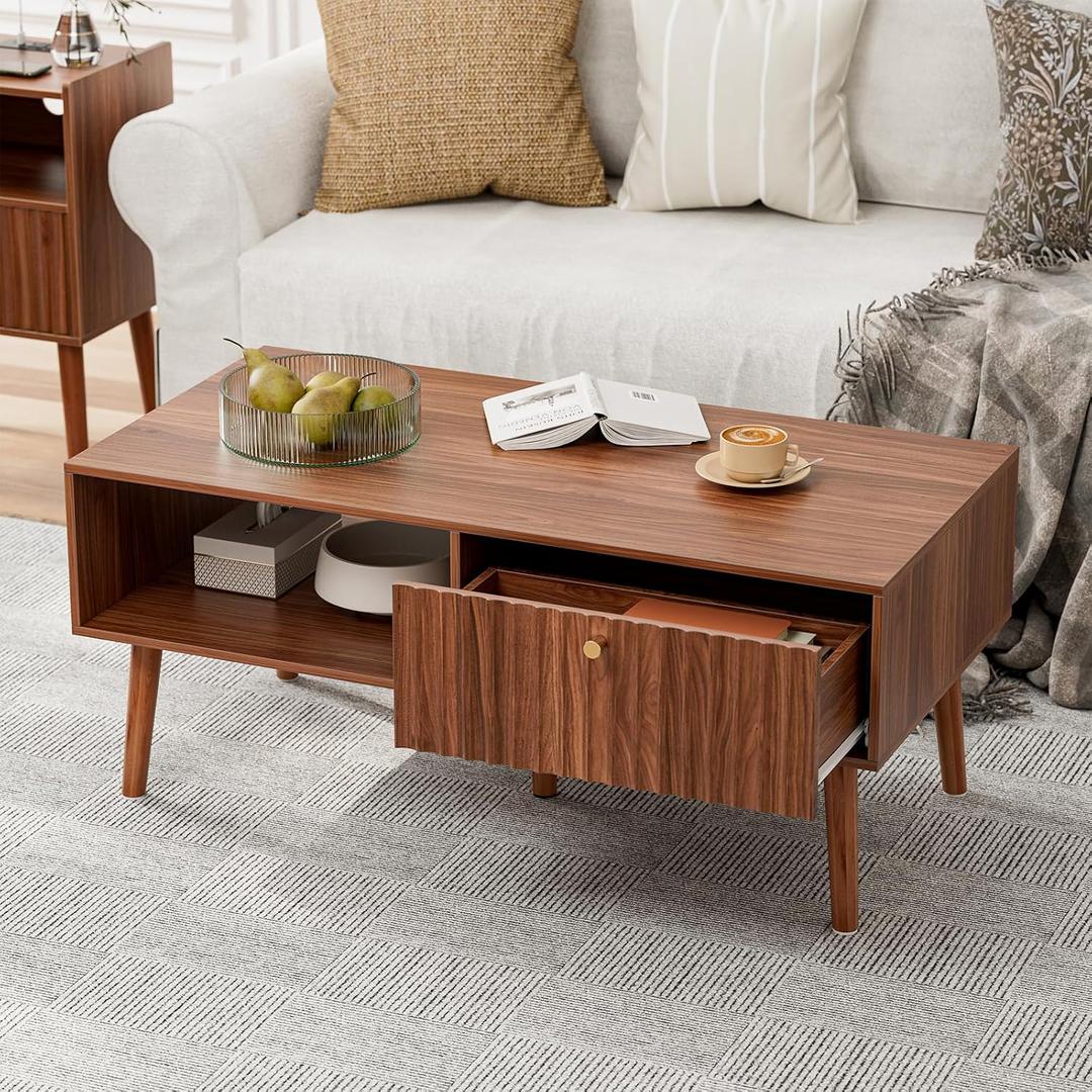 LCRBOL Coffee Table with Storage, Mid Century Dining Table with Fluted Drawer and Solid Wood Legs, Small Coffee Tables for Living Room, Walnut, 39.4 inches x 19.7 inches x 16.9 inches