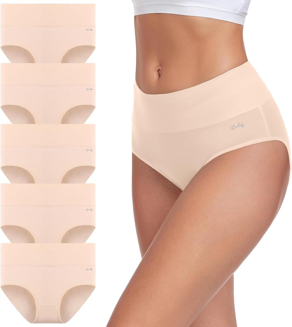 coskefy Women's High Waisted Cotton Underwear Soft Breathable Panties Stretch Briefs Ladies Panties 5 Pack (Medium, Beige)