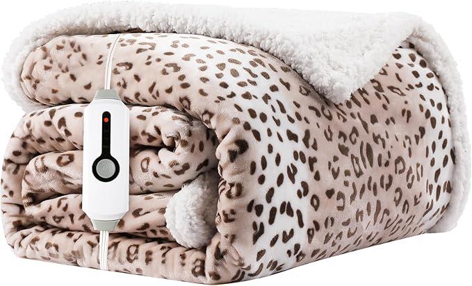 Electric Heated Blanket Full Size 72"x84", Ultra-Soft Plush with Overheat Protection, 9 Adjustable Heat Settings & 10-Hour Auto-Off Timer, Fast Heating for Winter Comfort, beige Leopard Print