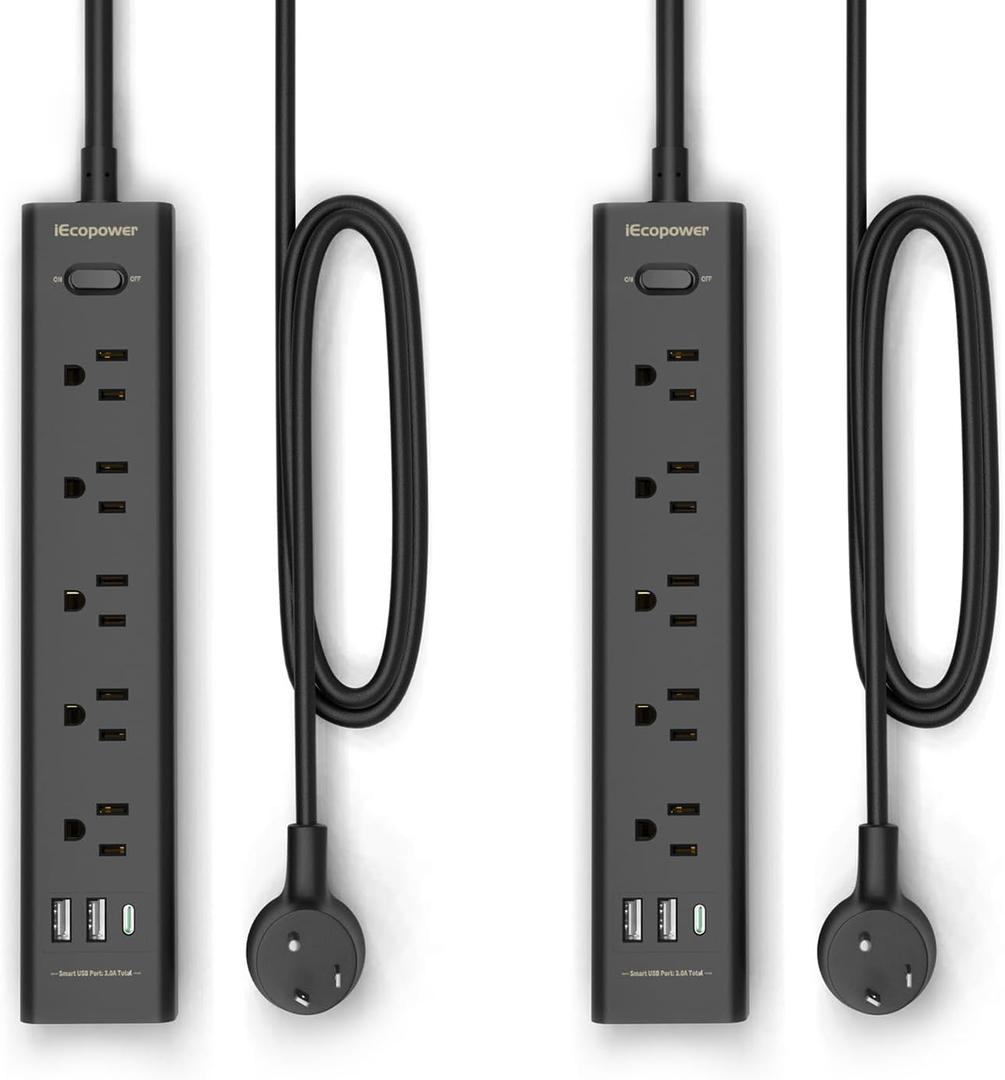2 Pack Power Strip Surge Protector-5 Widely Spaced Outlets 3 USB Ports(1 USB C Port),1250W/10A with 5Ft Extension Cord, Power Strips with Surge Protection, Wall Mount for Home Office, Black
