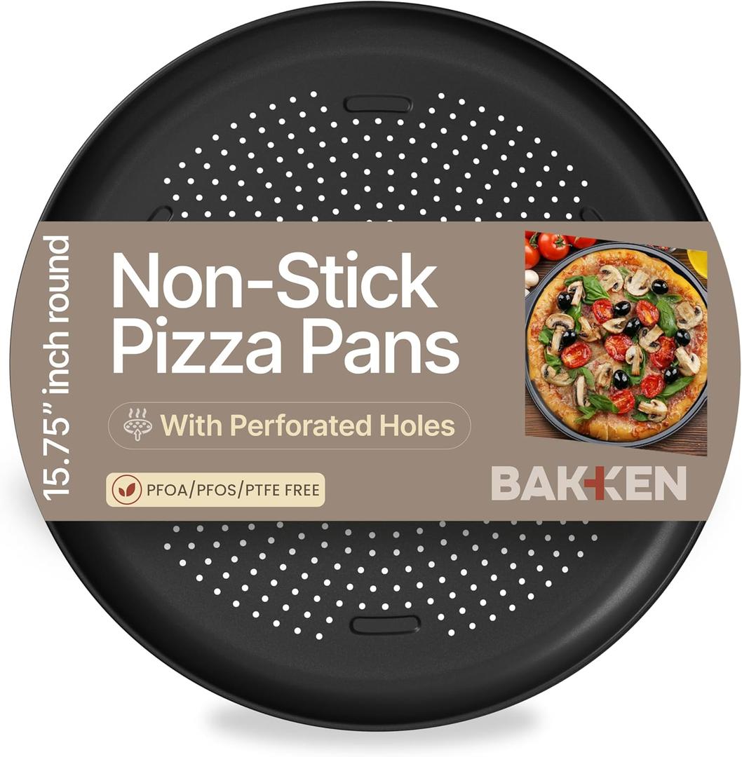Bakken 16 Inch Non-Stick Pizza Pan 1 Pack, Round Carbon Steel Pizza Tray with Perforated Holes, PFOA, PFOS, & PTFE-Free, Dishwasher & Oven Safe Up To 450F, Durable Nonstick Coating, Black