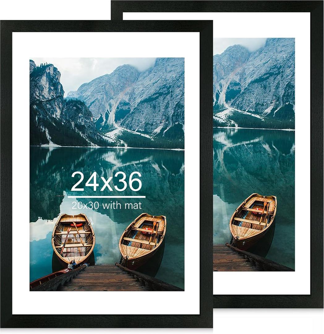 Hongkee 24x36 Poster Frame Set of 2, Rustic Black Wood Style - Display 24 x 36 Poster without Mat or 20x30 Picture with Mat, Wall Mounting Horizontal and Vertical