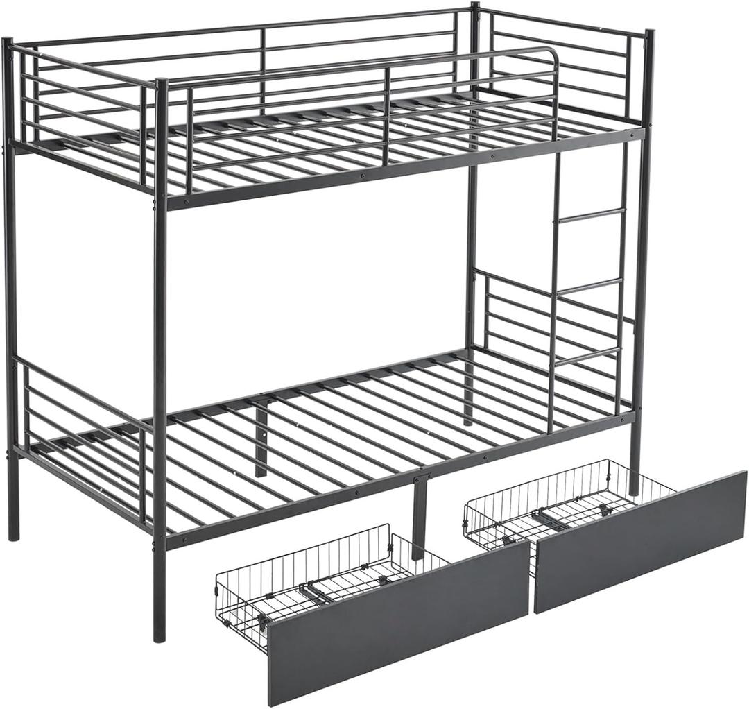 Black Double-Layer bunk Bed, Detachable Iron Bed with Drawers