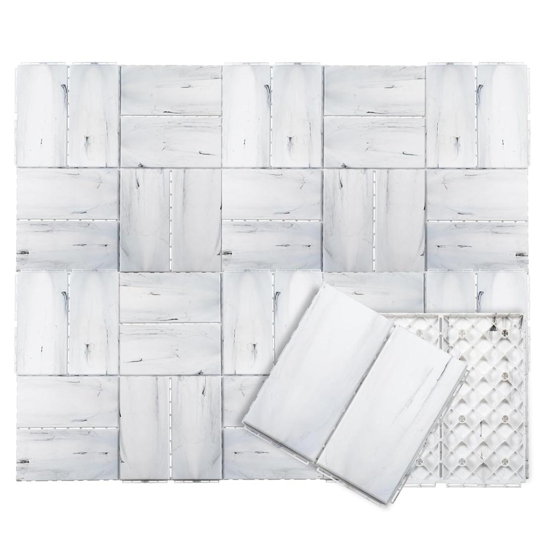 Plastic Interlocking Deck Tiles, 27 Pack Outdoor Flooring Waterproof Pavers for Patio Garden Porch Yard, All Weather Use, Marble Grain, White