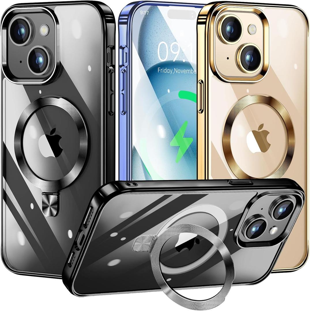 [CD Ring Compatible with MagSafe Invisible Stand] Magnetic for iPhone 15 Case, [Electroplated Bumper Non-Yellowing][Look as Bare iPhone] Slim Clear Case with Holder for Women Men Girls (Black)