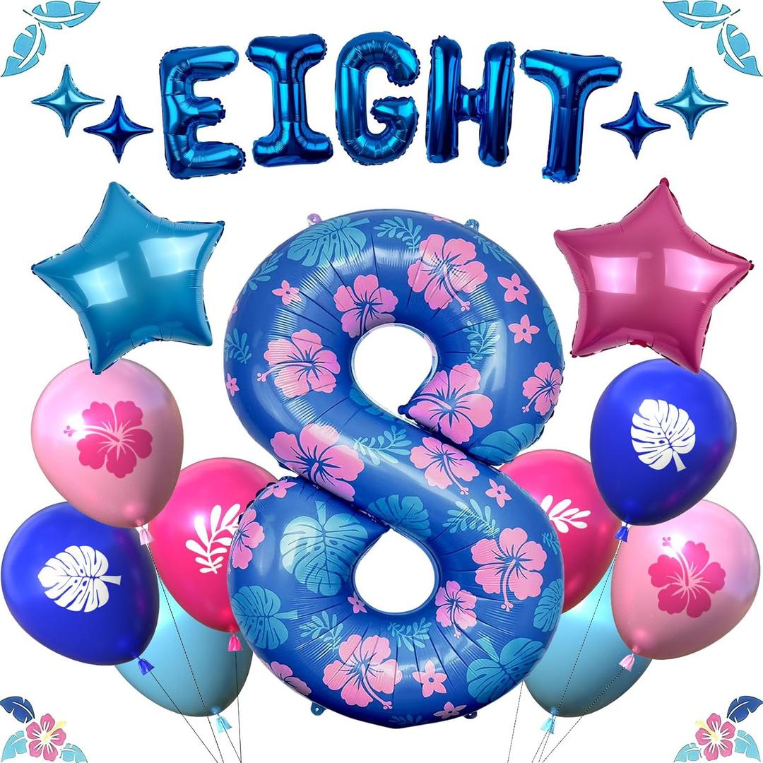 Blue Alien Birthday Decorations 40 Inch Number Balloon Set 8 with Letter Balloons, Star Foil Balloons and Printed Latex Balloons for Kids Cartoon Tropical Party Decor