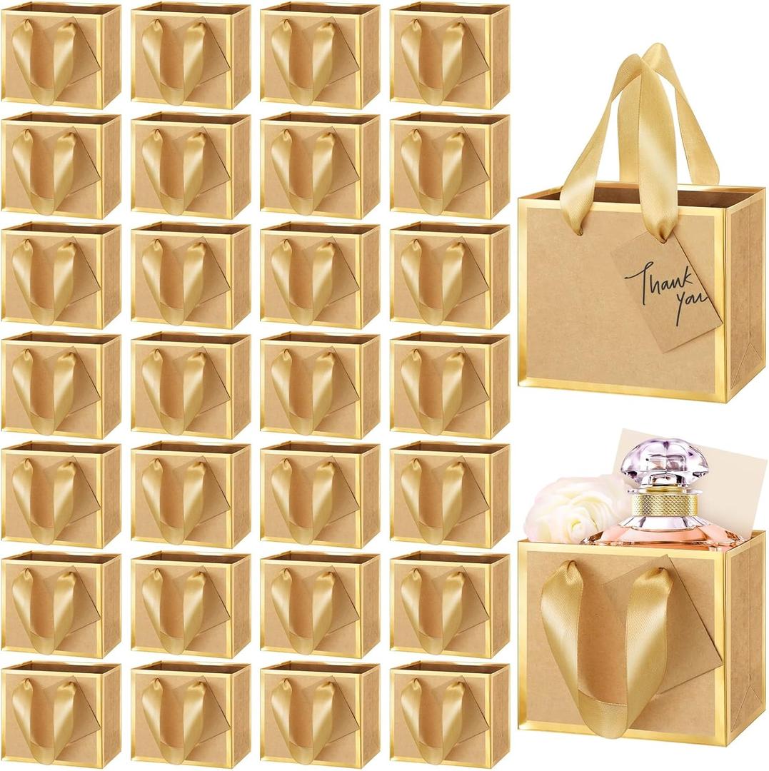 Yeaqee 50 Pcs Mini Metallic Foil Gift Bags with Handles 4x4.75x2.25'' Christmas Tiny Thank You Favor Bag with Tag for Winter Hanukkah Holiday Welcome Wedding Baby Shower Birthday(Kraft, Gold)