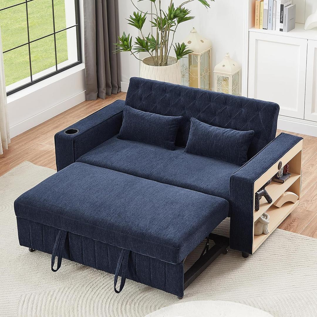 3 in 1 Convertible Loveseat Sleeper Sofa Bed , 61.4" Chenille Upholstered Futon Love Seat Sofabed with Adjustable Backrest, Pull Out Couch Bed Sofacama with Storage Shelves ,Cup Holder for Living Room