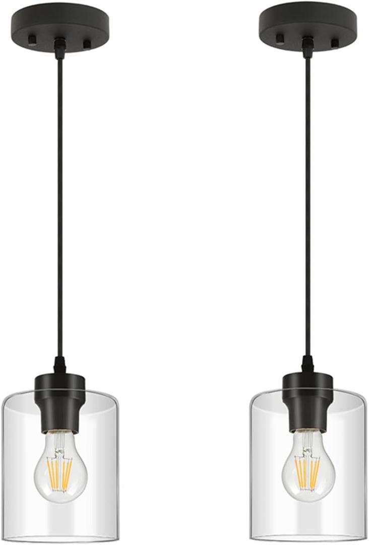 BoostArea Modern Pendant Light Fixtures, Industrial Hanging Ceiling Lamp with Clear Glass Shade, Farmhouse Black Pendant Lighting for Kitchen Island Decor Living Room Hallway Bedroom Dining2 Pack