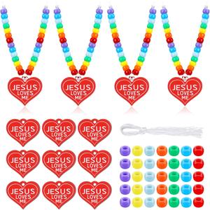 Ferreve 24 Sets Religious Beaded Necklace Crafts Kit DIY Jesus Loves Me Heart Bead Craft Bible Christian Necklace Making Kit Bulk for Sunday School Vbs Gifts Making (Rainbow)