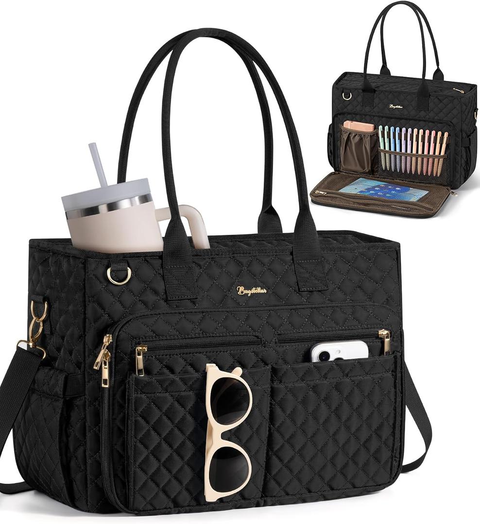 Bagstellar Teacher Bags for Women, 15.6 inch Laptop Work Tote Bag Quilted Nurse Bible Computer Shoulder Bag for School Travel | Dream Tote Work Bag, with 40oz Cup Holder, Insulated Pocket, Zipper & Strap, Office Briefcase, Ideal Gift for Women