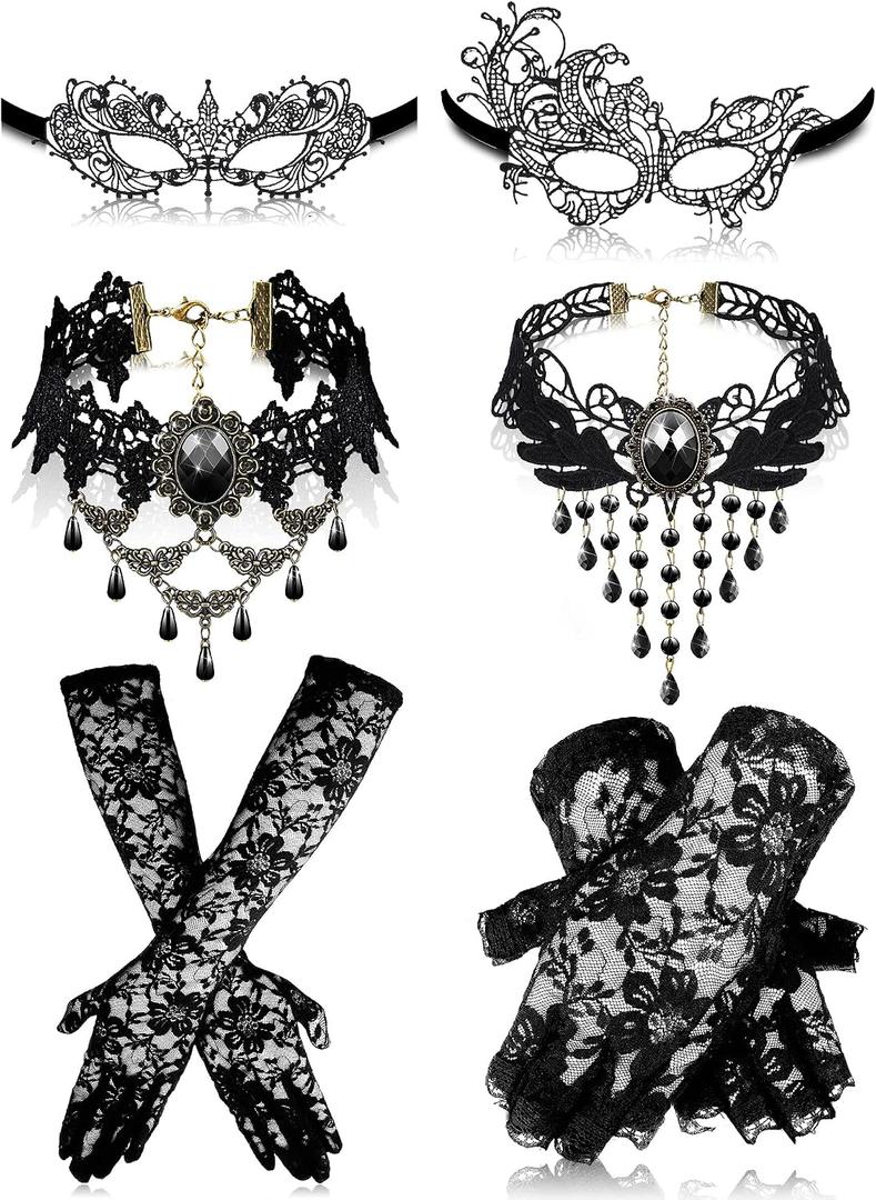 Newcotte 6 Pcs Masquerade Mask for Women Lace Mask Choker Necklace Glove for Valentine Party Couple Masquerade Ball 80s 90s