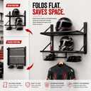 Motorcycle Helmet Wall Mount, 2-Tier Helmet Holder Wall Mount with Shelf & Baskets, Motorcycle Gear Rack Storage for Jackets, Gloves, Keys and Riding Accessories