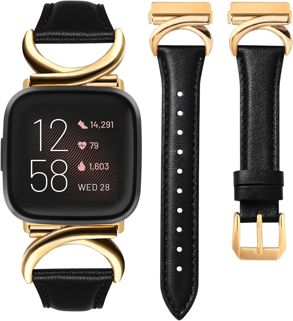 Minyee Leather Band Compatible with Fitbit Versa 2/Fitbit Versa/Versa Lite Bands Women, Slim Thin Dressy Designer Premium Leather Strap with C-Shape Metal Buckle for Versa 2 Smartwatch Accessories
