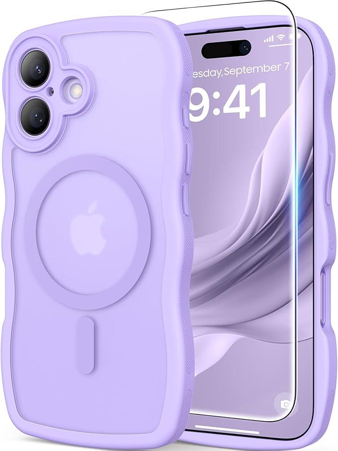 3 in 1 Magnetic for iPhone 17 Case, Cute Wavy [Full Camera Protection] [Fit for MagSafe] 1X Screen Protector+1X Wrist Strap, AntiSlip Trendy Women Girly Phone Case for iPhone 17 6.3", Light Purple