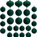 Christmas Tree Ornaments Velvet Balls - 25 pcs Flocked Green Velvet Christmas Ornaments - Vintage Style Xmas Tree Ball Decor for Indoor Outdoor Holiday Decorating, Home, Office, Gift
