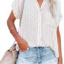 Womens Button Down Shirts Short Sleeve Summer Linen V Neck Collared Stripes Casual Blouses Tops with Pocket (S, Ac White&khaki_stripes)