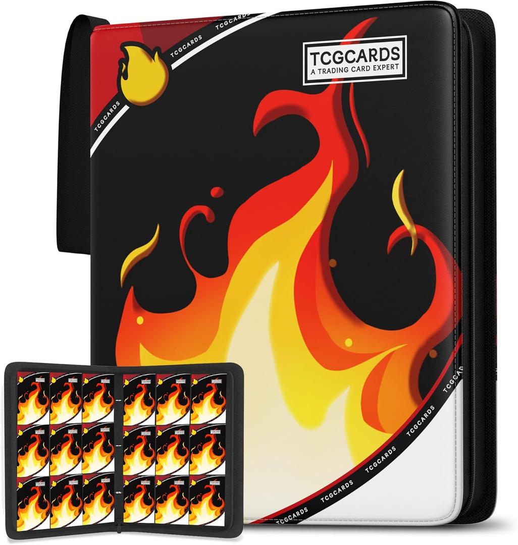 Trading Card Binder 9 PocketCard Binder 900 Pockets Card Book Holder Cards with 50 Removable Sleeves3-Ring Zip Design MTG/TCG/Sport Collectible Trading Card Albums Gifts for Boys and Girls (Fire) (Large, Red1)