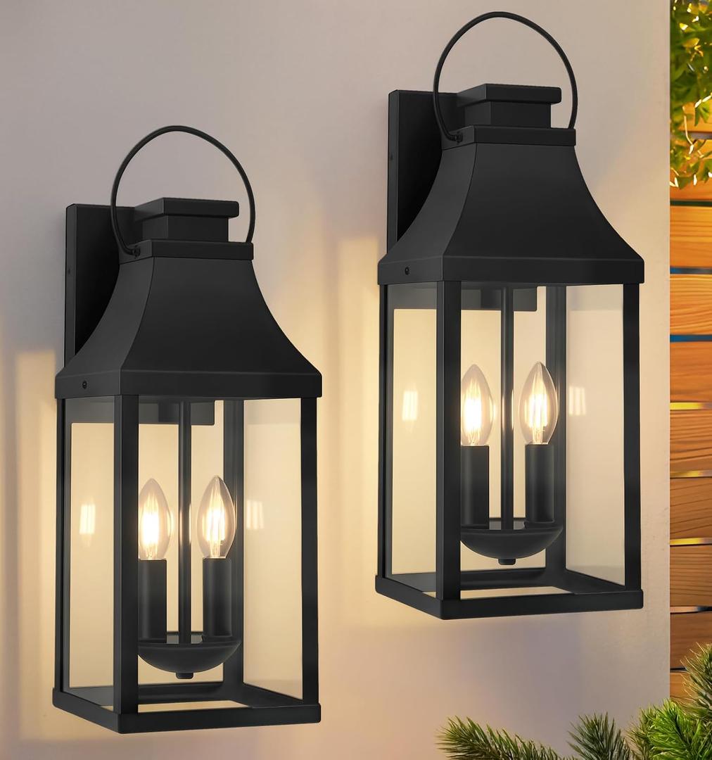 20'' 2 Pack Outdoor Wall Sconce Lights, Large Black Exterior Porch Lantern
2-E12 Base, Metal Frame, Waterproof Modern Black Exterior Lighting Fixture Wall Mount Hardwired Outside Light for House Porch