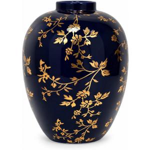 Ceramic Flower Vase, Vintage Ice Crackle Glaze Porcelain Vase for Flower Arrangement, Chinoiserie Style Rustic Farmhouse Vase for Home Table Bookshelf Kitchen Living Room Balcony, 10.5 Inch BlueGold