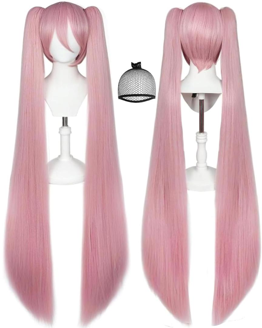 47 inch/ 120 cm Long Pink Wig with Bangs Peluca Rosa Anime Cosplay Wigs with 2 Ponytails for Women Synthetic Pink Hair Pigtail Wig Long Straight Wigs for Halloween Costume Party + Hair Cap