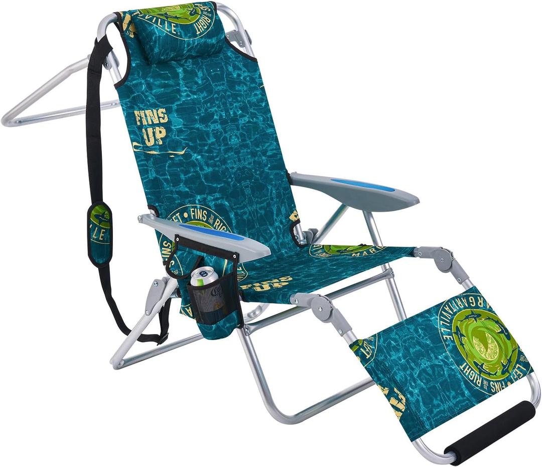 Portable Camping Beach Chair for Adults, Outdoor Lay Flat Beach Lounge Chair Folding Beach Chairs with Footrest, Backpack Beach Chair with Towel Bar, Cooler Pouch, Cup Holder, Geometric Green