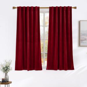 NICETOWN Red Short Velvet Curtains & Drapes for Cafe, Room Darkening Curtains 63 inch Length, Sound Reducing Privacy Panels for Home(Set of 2, Rod Pocket & Back Tab, 42" Wide)