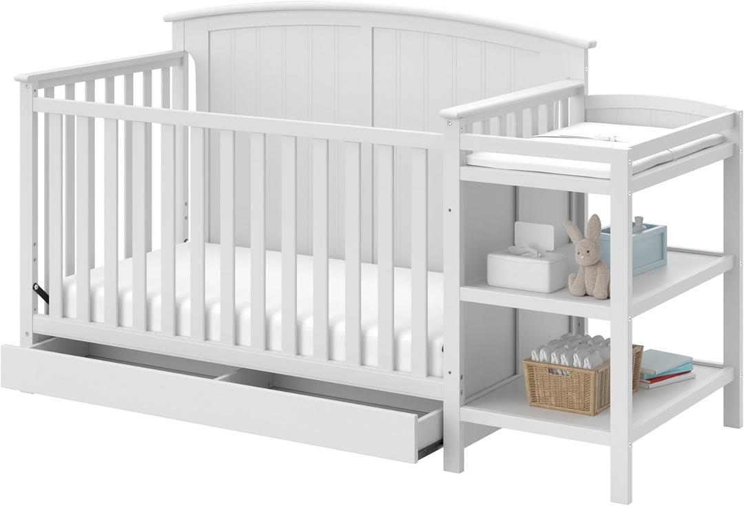 Storkcraft Steveston 5-in-1 Convertible Crib & Changer (White)  GREENGUARD Gold Certified, Fits Standard Crib Mattress, Converts to Toddler Bed and Full Bed, 4 Adjustable Mattress Heights
