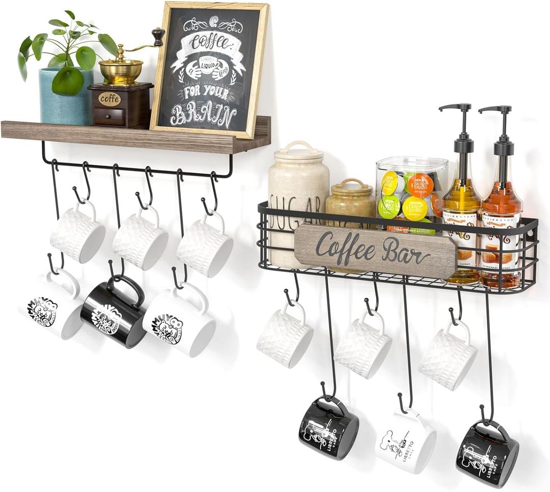 Coffee Mug Holder Organizer 2 Pack with 12 Mug Hooks Mug Rack Wall Mounted with Coffee Bar Sign Farmhouse Coffee Accessories and Organizer with Metal Basket Floating Shelves for Wall Weathered Walnut