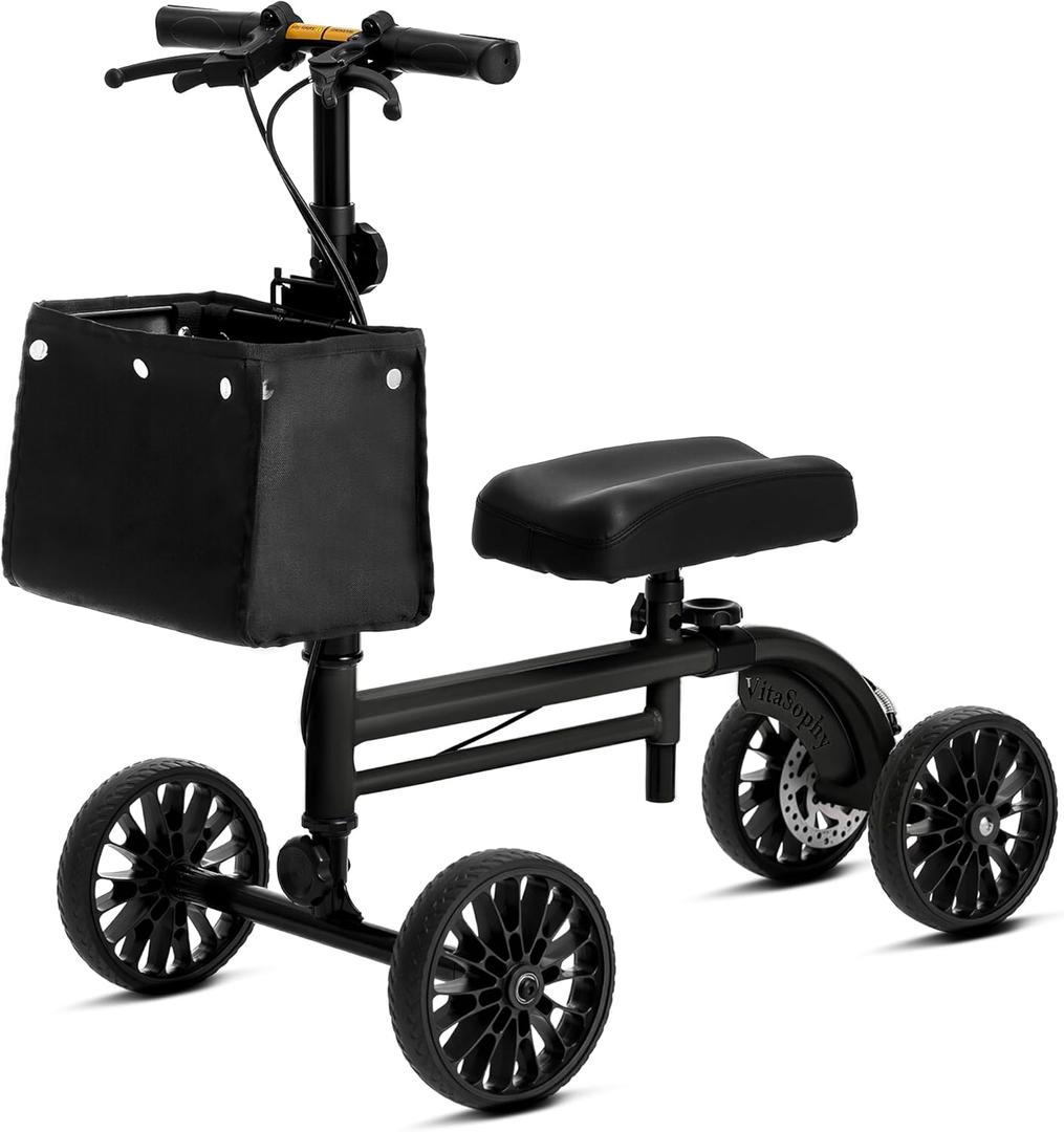 Knee Scooter with Disc Brake, Steerable Knee Walker for Adults,Foldable Rover Scooter forBroken Foot Injured Leg Crutch,Black
