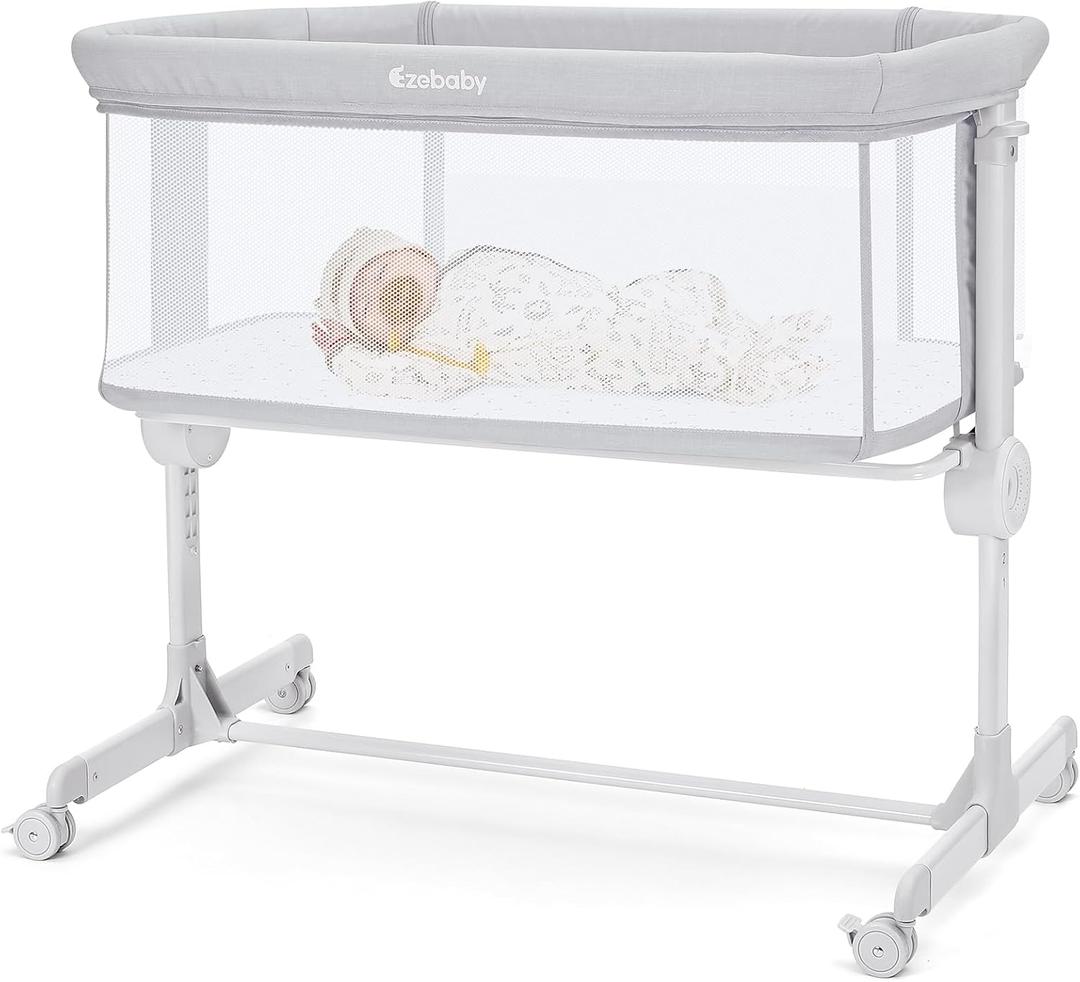 Ezebaby Baby Bassinet Bedside Sleeper, Portable Bedside Bassinet for Baby Newborn Infants with Adjustable 7 Heights and All Mesh Sides, Mattress & Sheet Included (Light Gray)