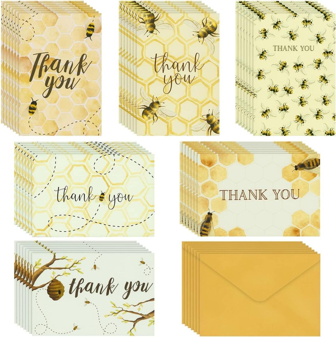 48 Pack Bumble Bee Thank you Cards with Envelopes for Baby Shower, Birthday, 6 Designs, Bulk Set (10.2 x 15.2 cm)