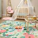 8x10 Machine Washable Area Rugs, Floral Area Rugs Faux Wool Boho with Non Slip Backing, Low Pile Flower Rug Carpet for Girls Bedroom Nursery Living Room Dining Room, Green Rug