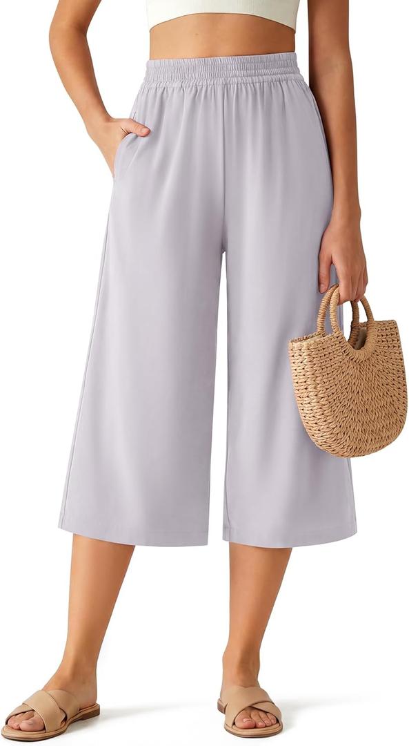 G4Free Chillwhisp Flowy Capri Pants for Women Lightweight Wide Leg Cropped Pants Elastic Waist Palazzo Capris for Beach (Large, Chime Gray)