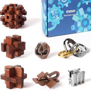 CUDNY 7 Pieces Cool Unlock Interlock Brain Teaser Puzzles Retro Wooden and Metal Puzzles IQ Logic Fun Puzzle Box Challenge Game