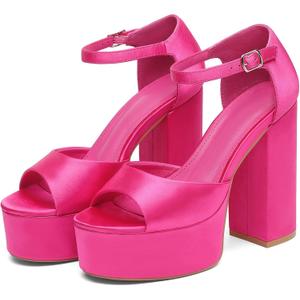 Women's Chunky Platform Heels Ankle Strap Heeled Sandals Open Toe Sexy Pumps for Wedding Party (Pink)