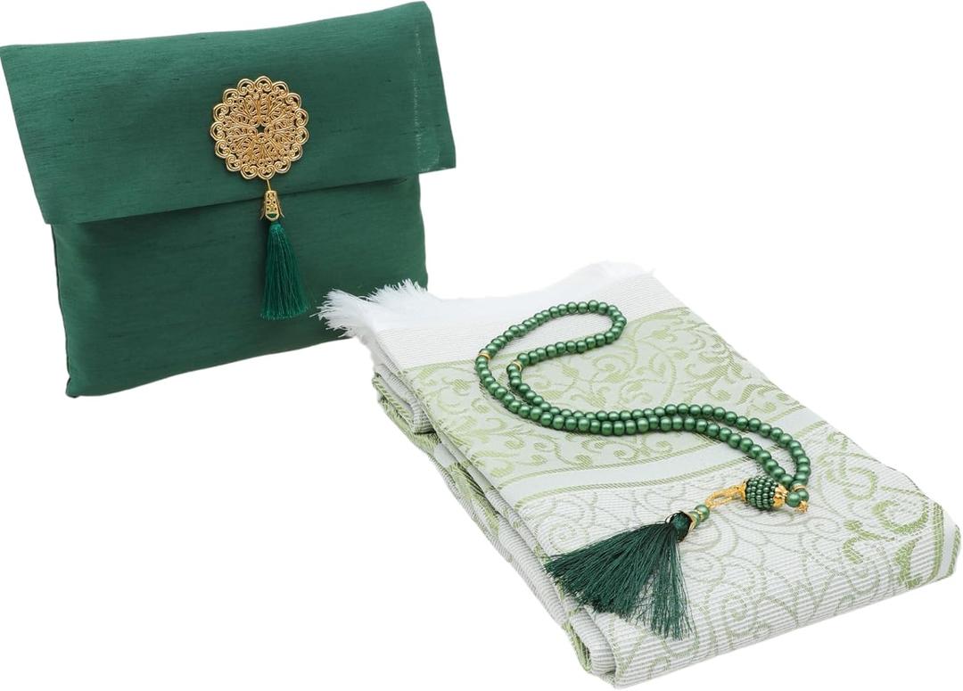 Prien Muslim Prayer Rug with Tasbih and Portable Bag, Muslim Gift for Women Men, Mubarak Islamic Box, Soft Mat Islam Gifts Set, Turkish Sajadah for Ramadan, Eid, Hajj, Travel, Pray (Emerald)