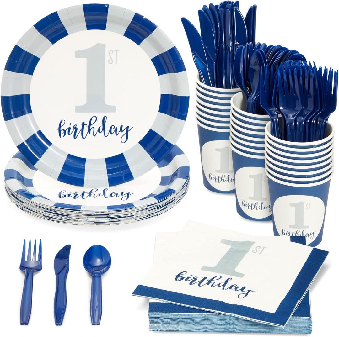 Juvale 144-Piece First Birthday Decorations for Boy - Blue & White Nautical Theme - With 1st Birthday Plates, Napkins, 9oz Cups & Cutlery - Disposable Party Supplies - Serves 24