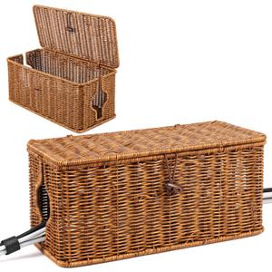 Cable Organzier Box, Handwoven Imitation Rattan Power Strip Cover Cable Management Box, 2 Open Slots Cord Organizer Cord Storage Basket for Computer Router USB Hub and Power Strip (Brown)