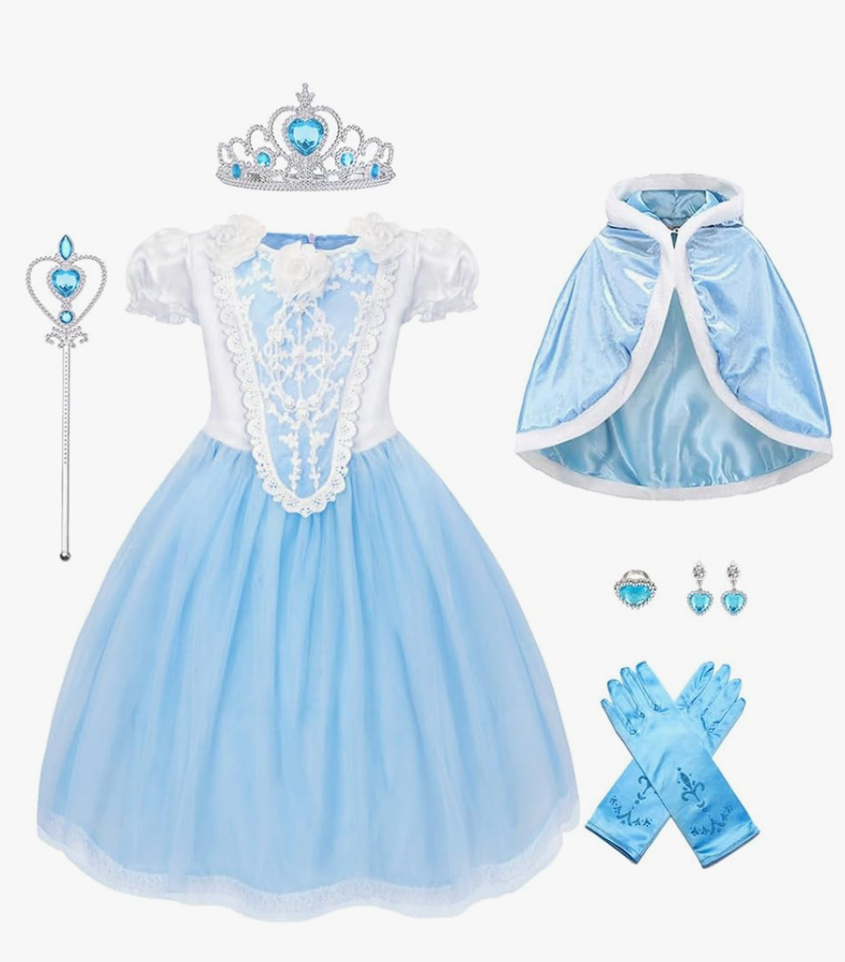 Elsa Princess Dress Costume for Girls Halloween Cosplay Cinderella Princess Dress Up Birthday Outfit with Hodded Cape,3-4 y