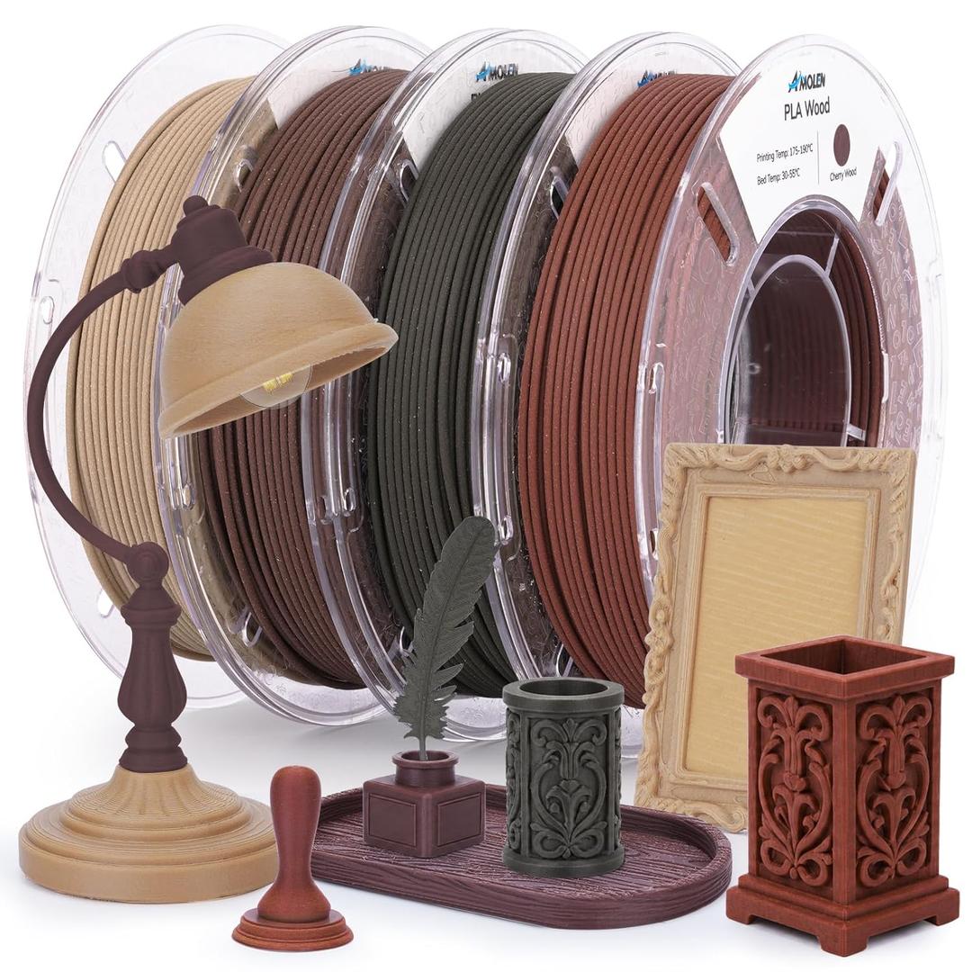 AMOLEN Wood PLA Filament Bundle 3D Printer Filament Wood Sets,Dark Walnut/White Oak/Cherrywood/Green Sandalwood Natural Color 3D Printing Filament PLA Filament 1.75mm, 200g*4 Spools