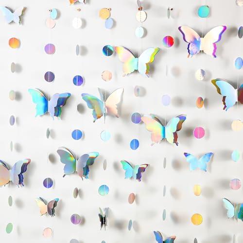 AmazingSpark 4 Pcs Butterfly Hanging Garlands 3D Paper Butterflies Circle Dot 52ft Iridescent Party Decorations Butterfly Birthday Decorations Shiny Streamers Backdrop for Wedding Birthday Party